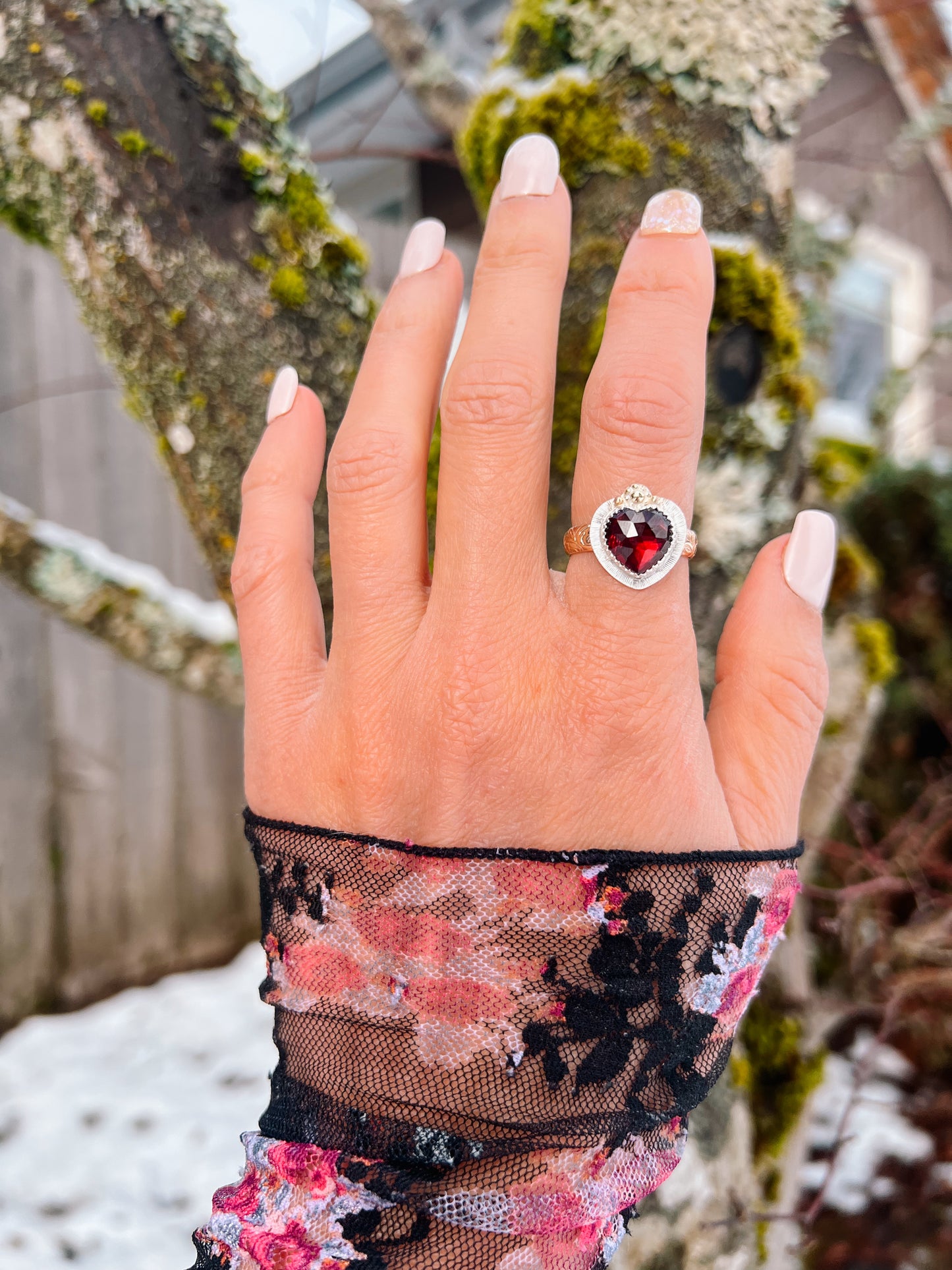 Garnet Heart Rays Ring