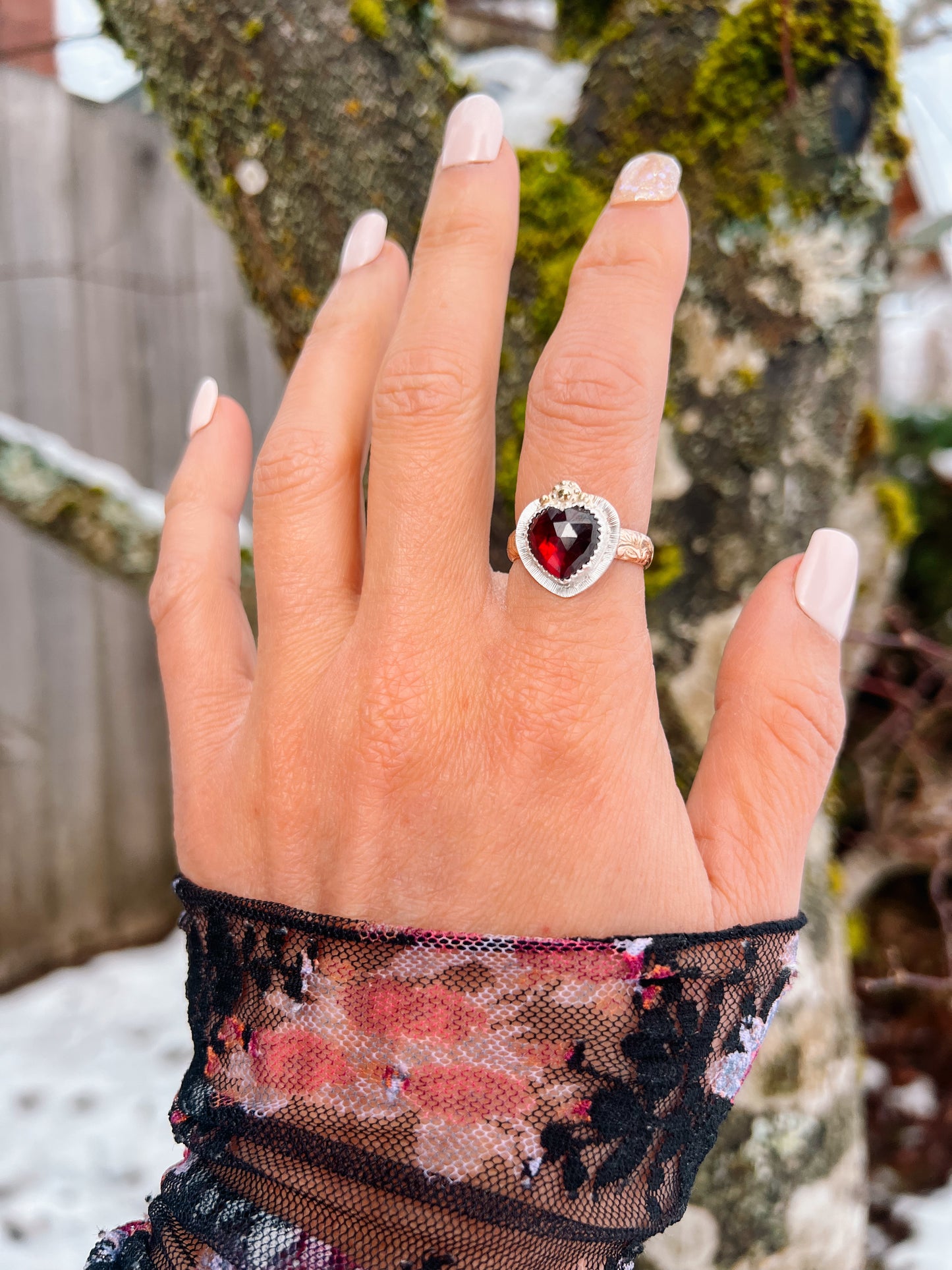 Garnet Heart Rays Ring