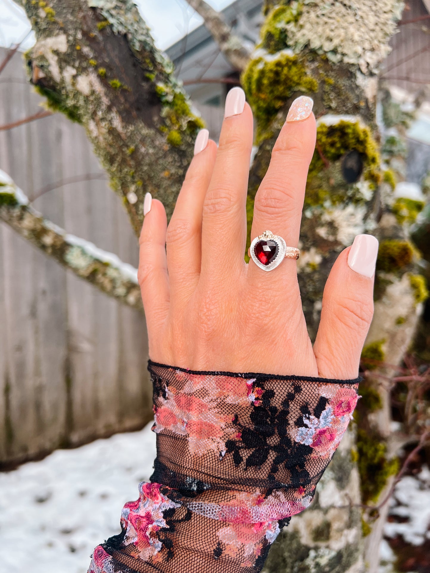 Garnet Heart Rays Ring