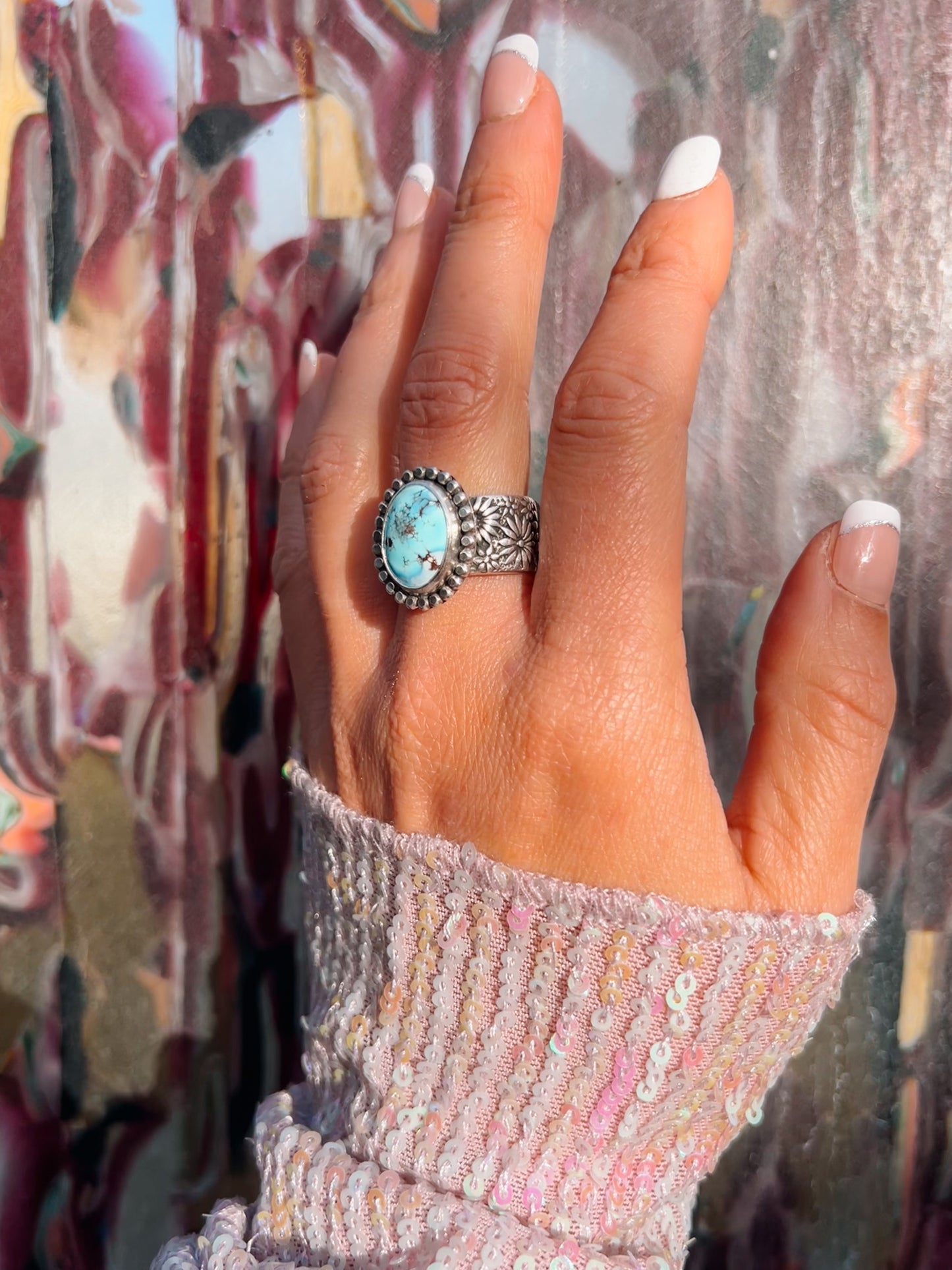 Turquoise and Daisies Statement Ring