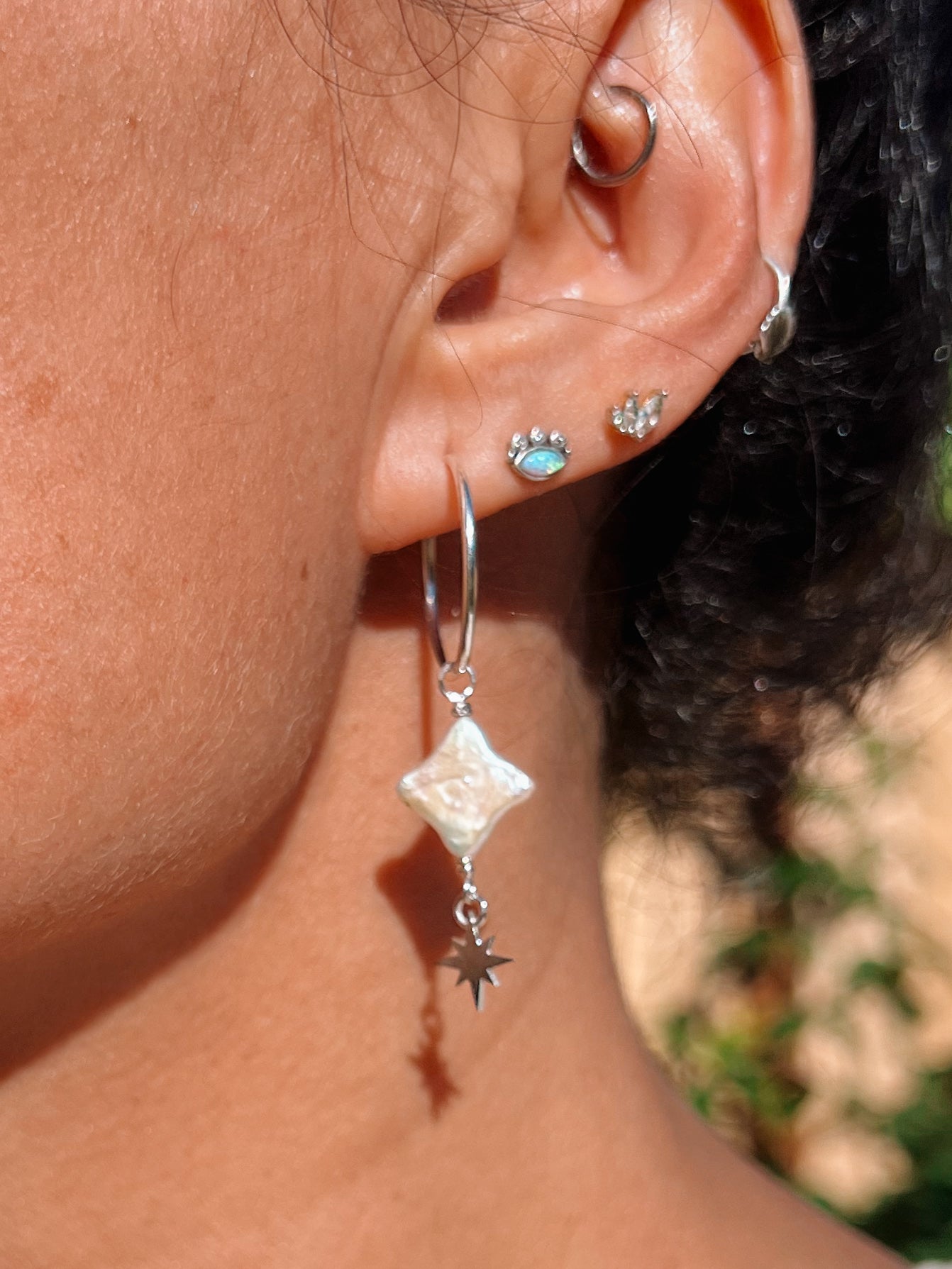 Star Pearl Hoops Silver