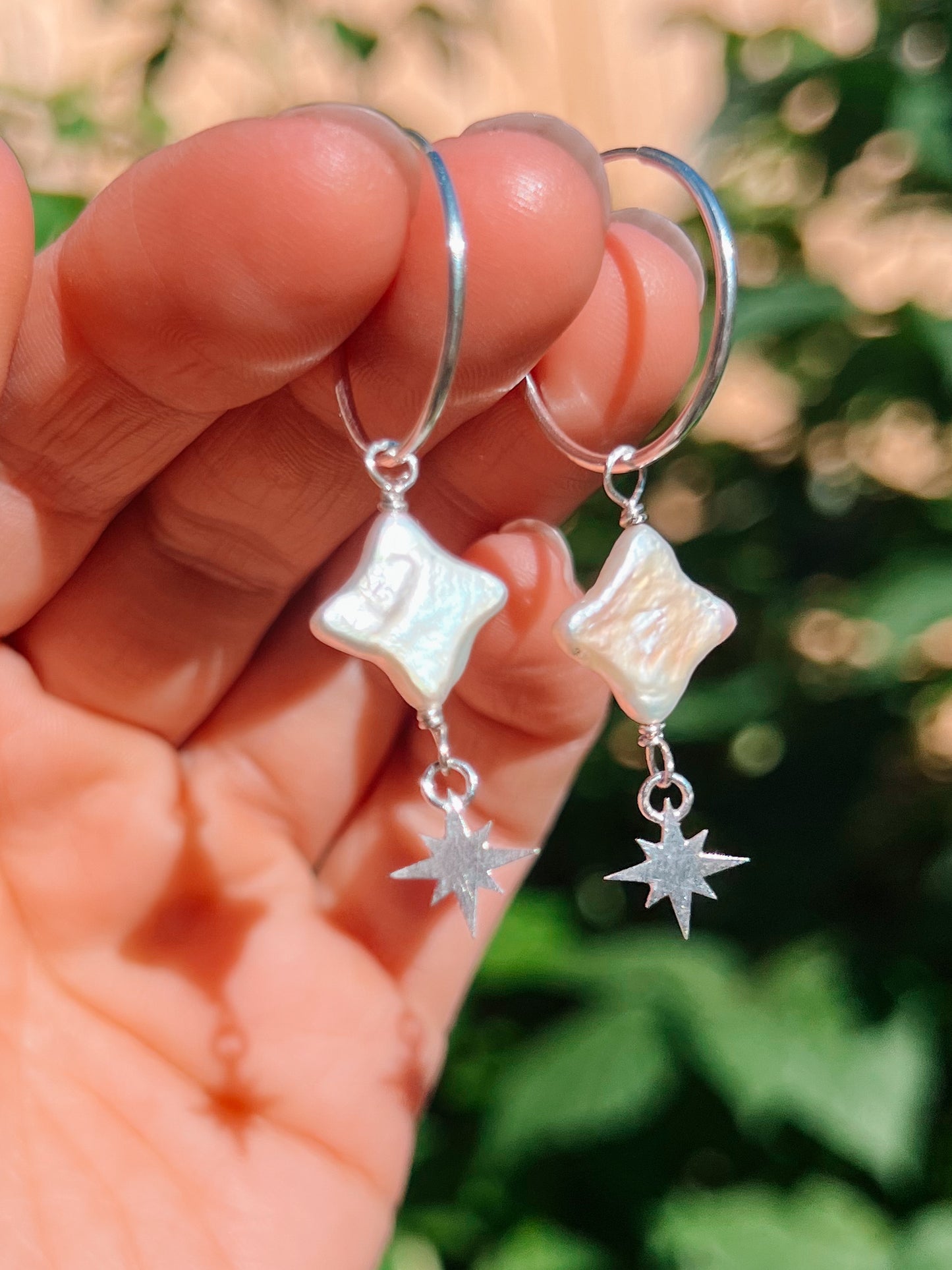 Star Pearl Hoops Silver