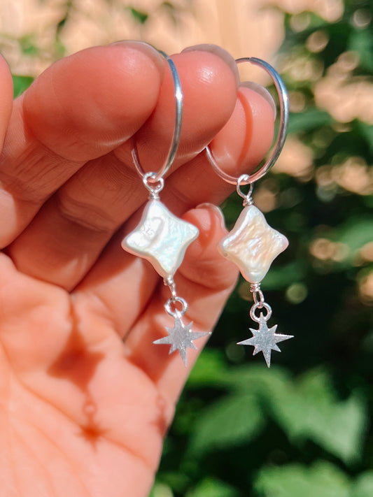 Star Pearl Hoops Silver
