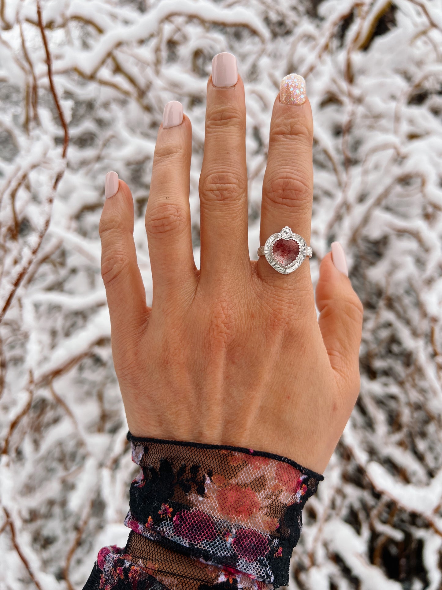 Strawberry Quartz Heart Rays Ring