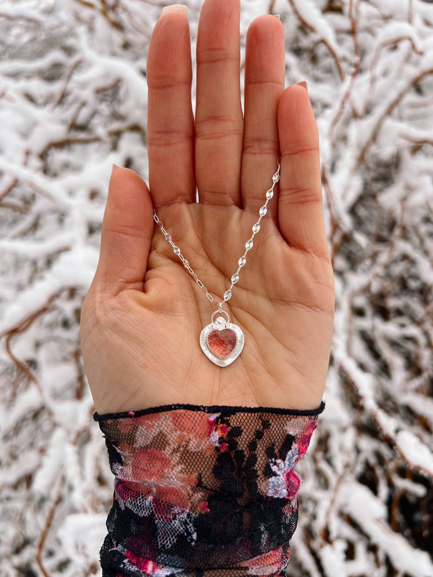 Strawberry Quartz Heart Rays Pendant