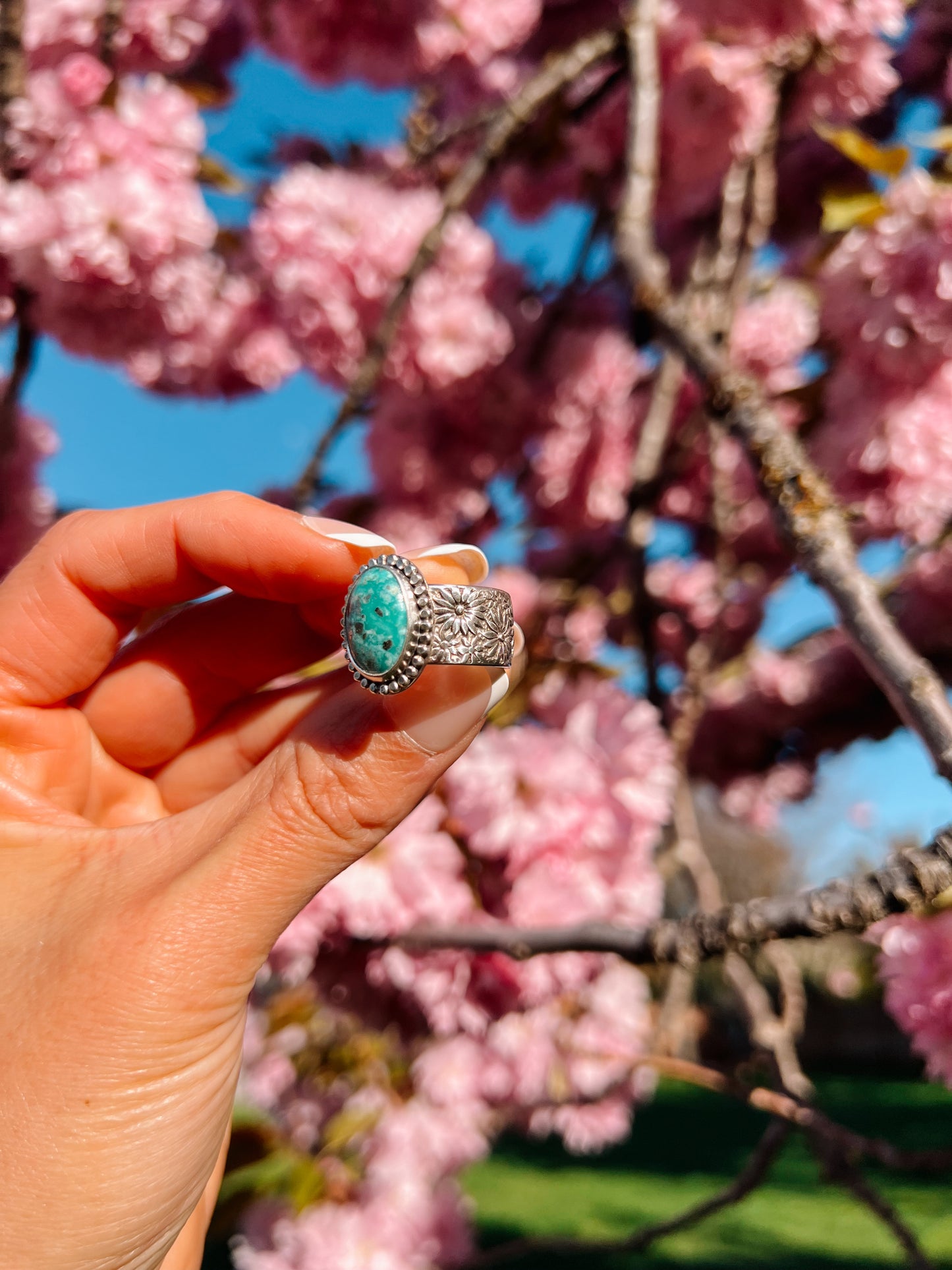 Turquoise and Daisies Statement Ring