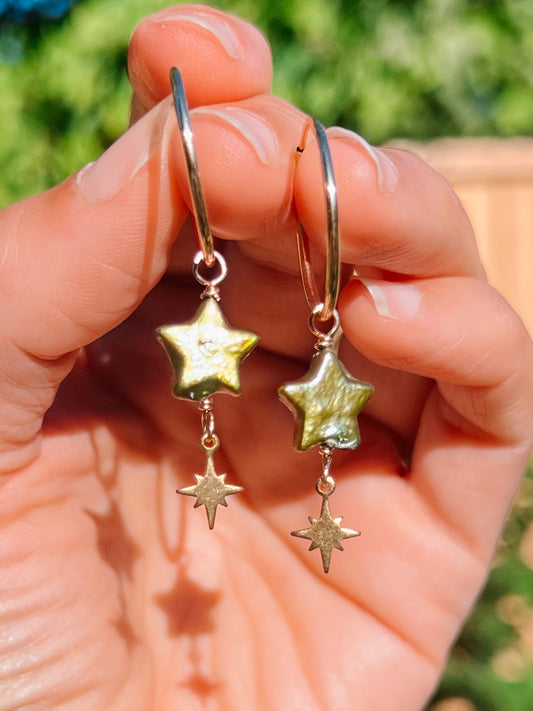 Star Pearl Hoops Gold Filled