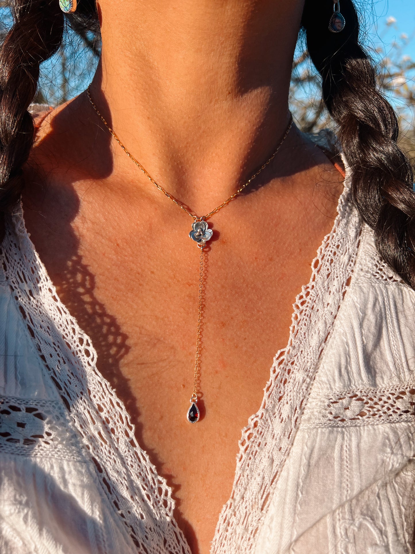 Blossom and Garnet Fixed Lariat